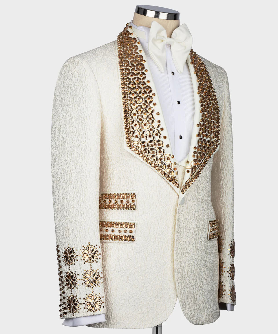 Exclusive Stone Embroidered Cream Tuxedo