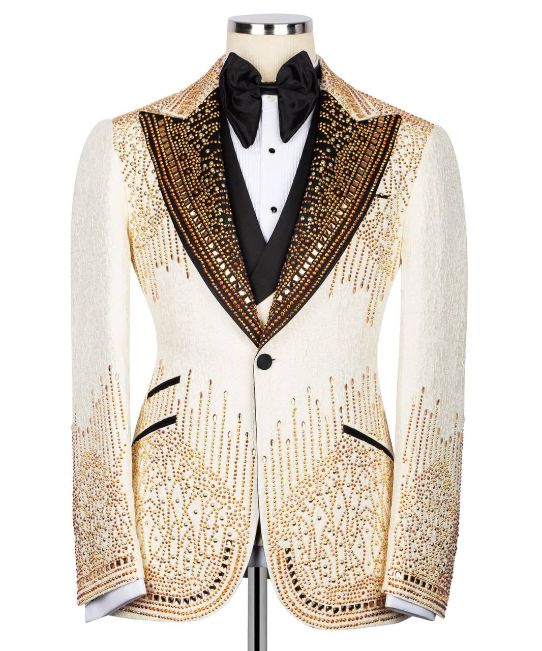 Shiny Stone Detail Cream Tuxedo Set