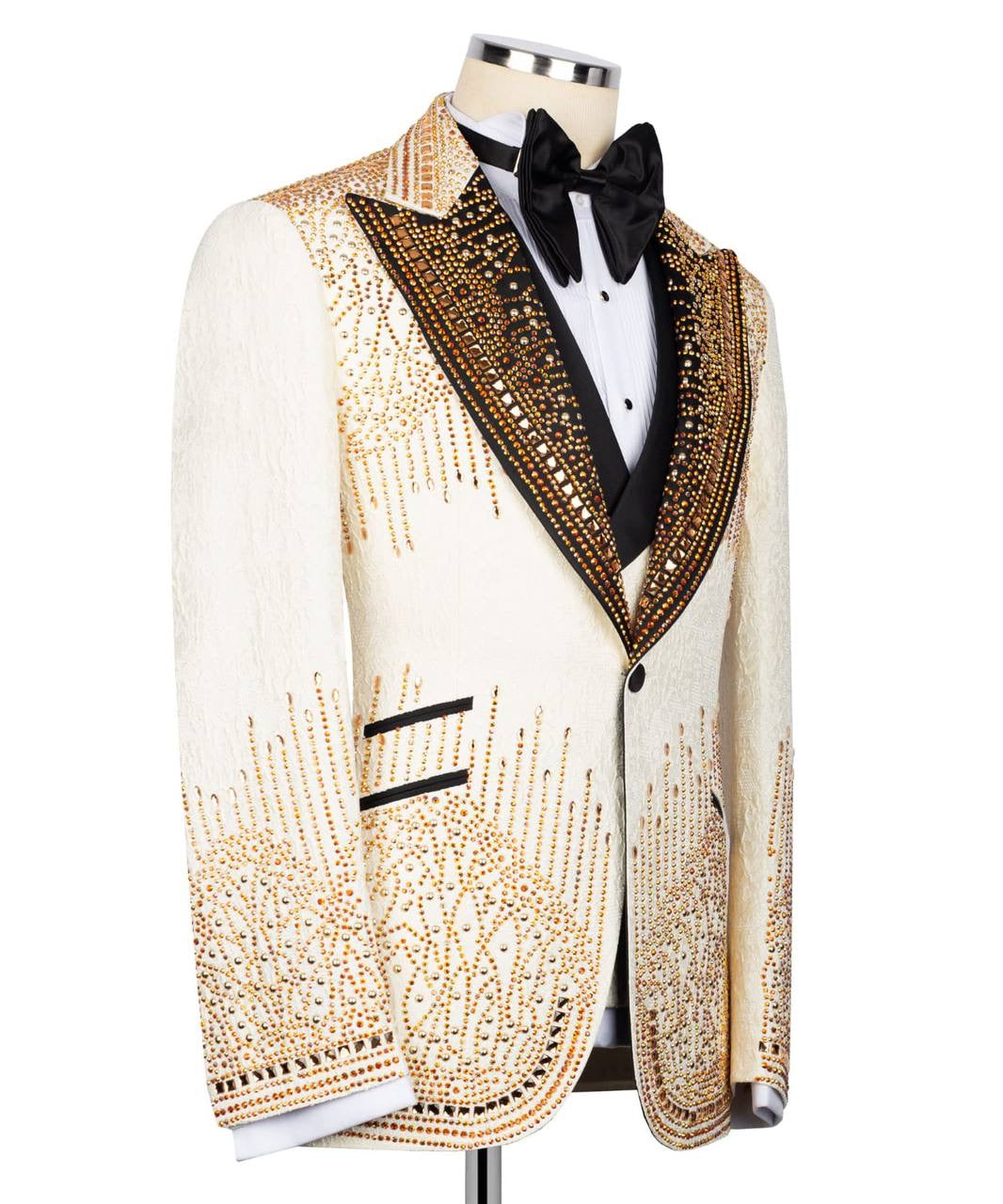 Shiny Stone Detail Cream Tuxedo Set