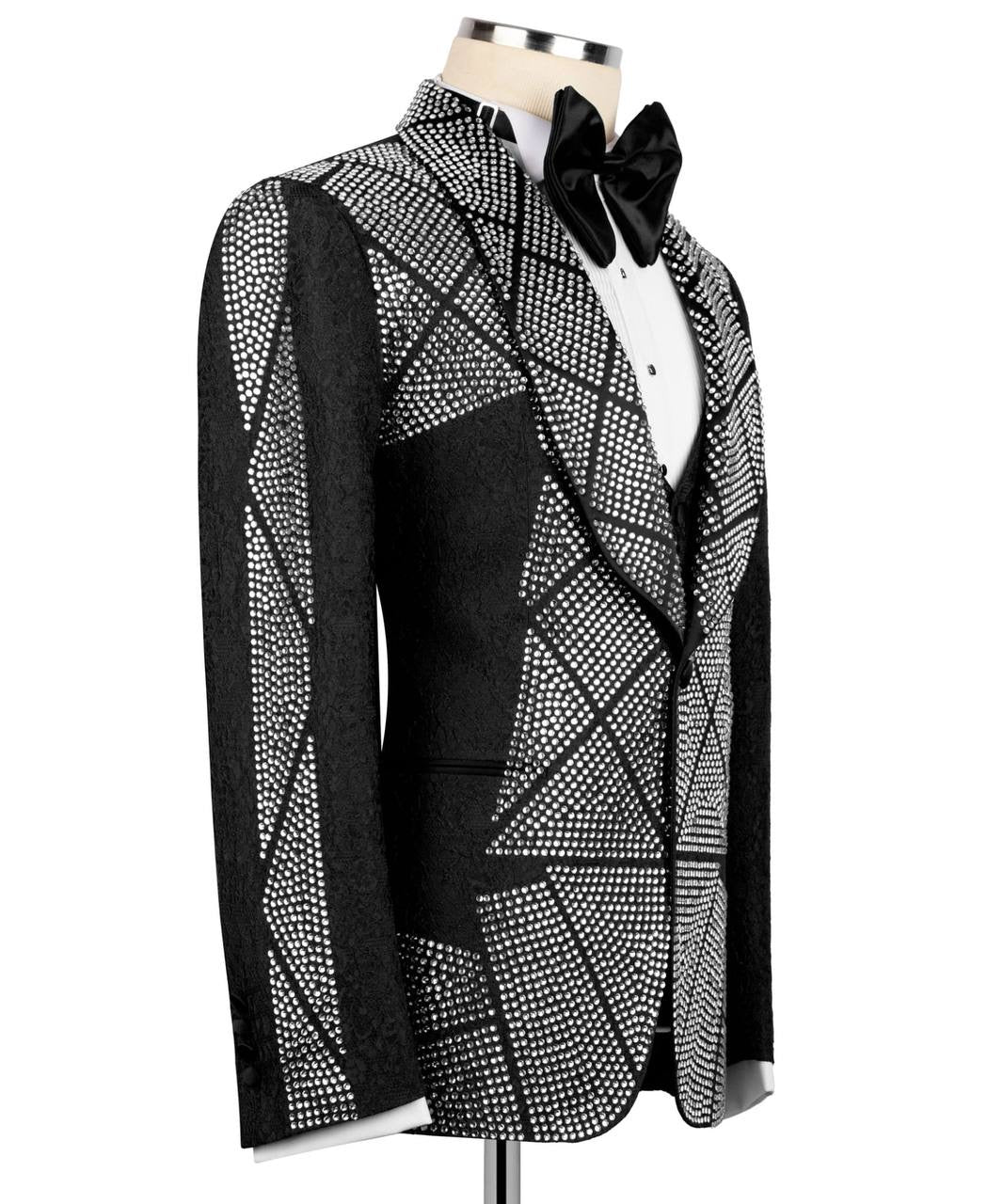 Black Geometric Pattern Crystal Embellished Tuxedo