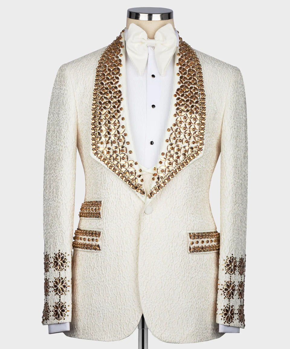 Exclusive Stone Embroidered Cream Tuxedo