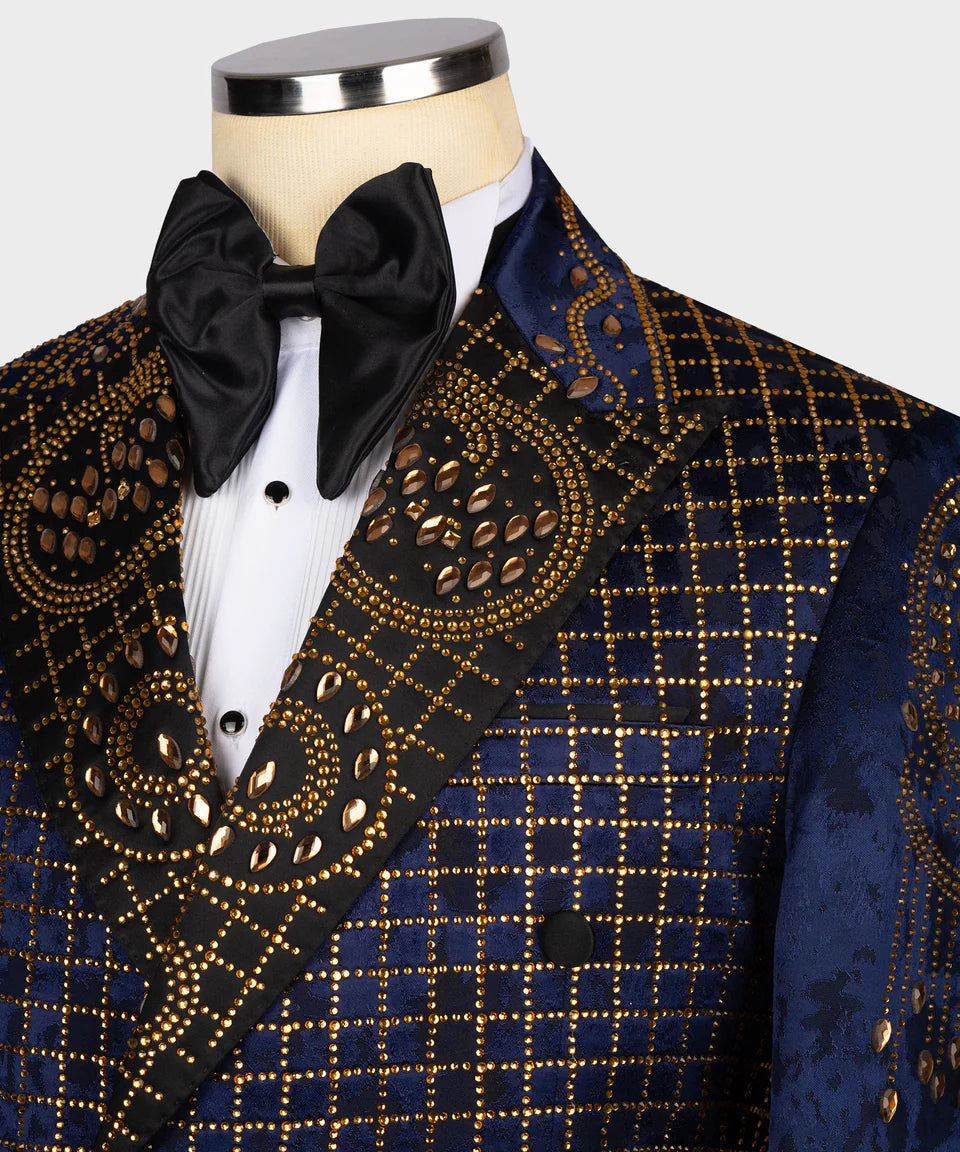 Blue Special Design Stone Embroidered Tuxedo