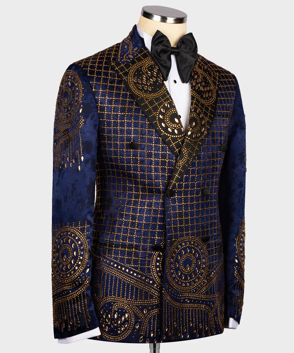 Blue Special Design Stone Embroidered Tuxedo