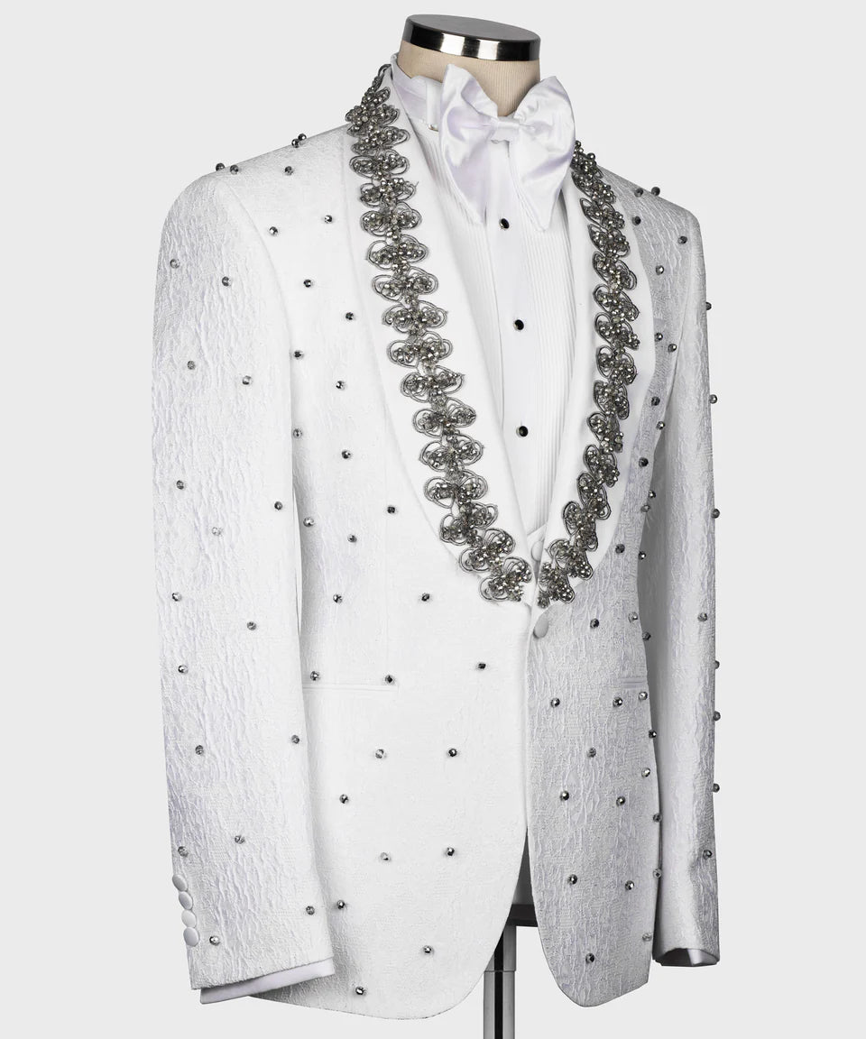 Gray Pearl Embroidered White Tuxedo