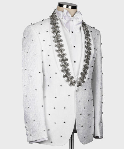 Gray Pearl Embroidered White Tuxedo