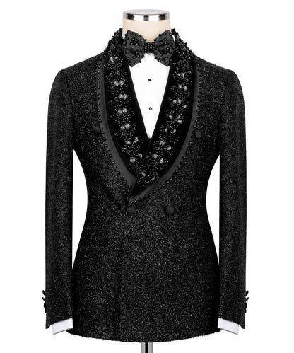 Black Double Breasted Embellished Tuxedo
