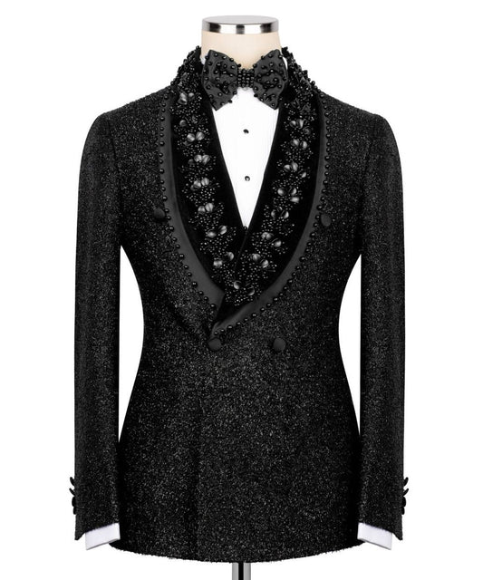 Black Double Breasted Embellished Tuxedo