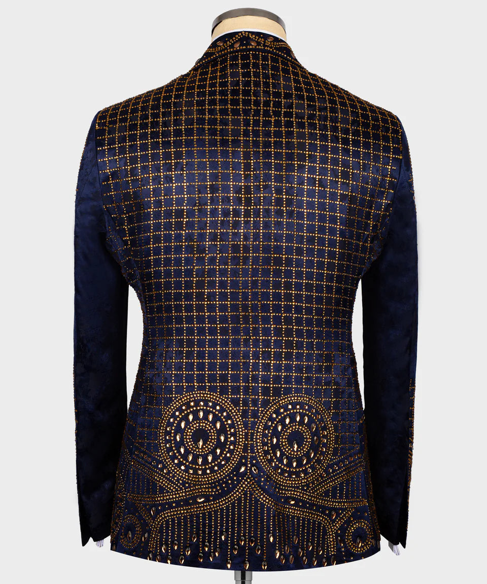 Blue Special Design Stone Embroidered Tuxedo