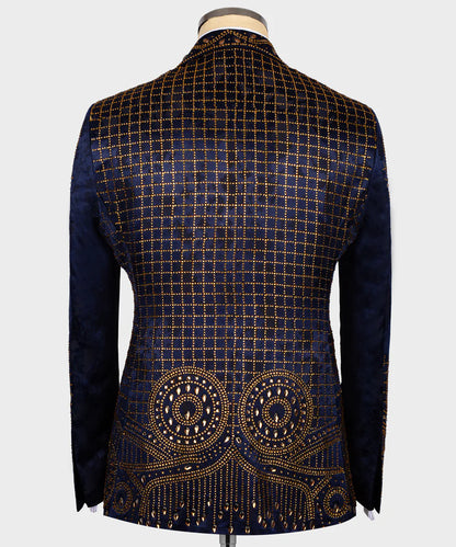 Blue Special Design Stone Embroidered Tuxedo