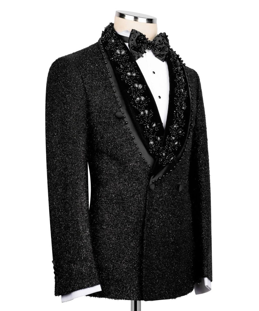 Black Double Breasted Embellished Tuxedo