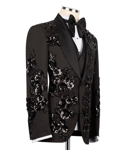 Black Sequin Floral Pattern Tuxedo
