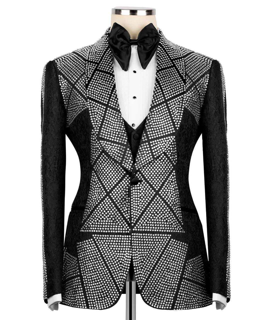 Black Geometric Pattern Crystal Embellished Tuxedo