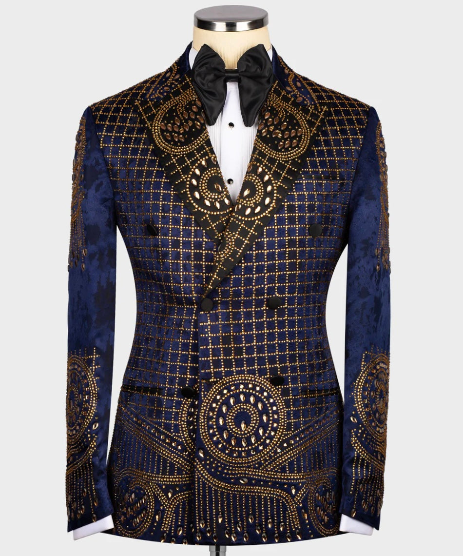 Blue Special Design Stone Embroidered Tuxedo