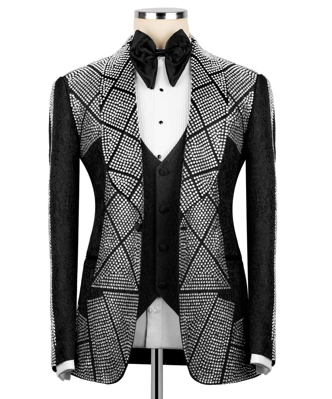 Black Geometric Pattern Crystal Embellished Tuxedo