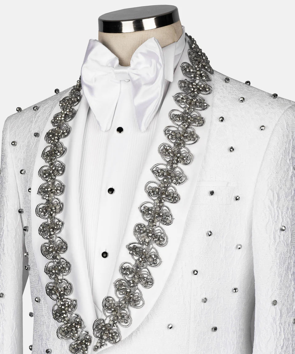 Gray Pearl Embroidered White Tuxedo