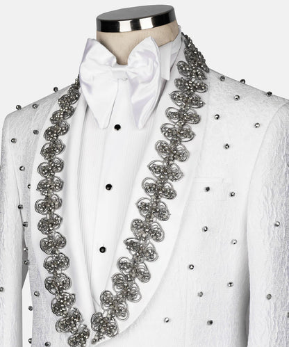 Gray Pearl Embroidered White Tuxedo