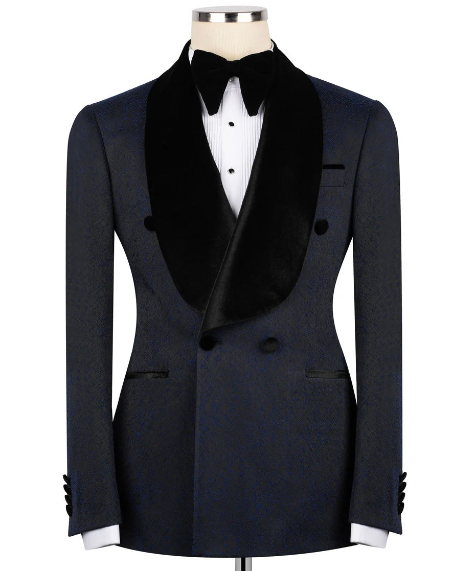Navy Blue Velvet Shawl Collar Tuxedo